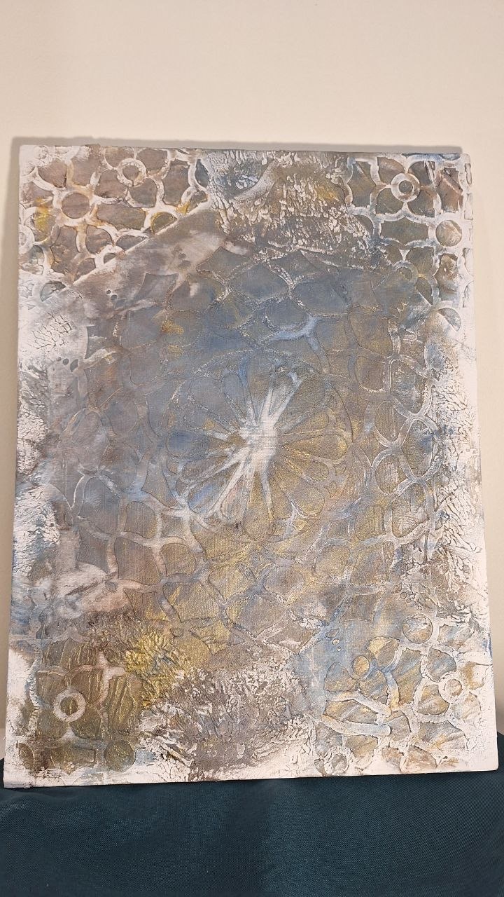 Blue, silver and warm gold textured floral artwork