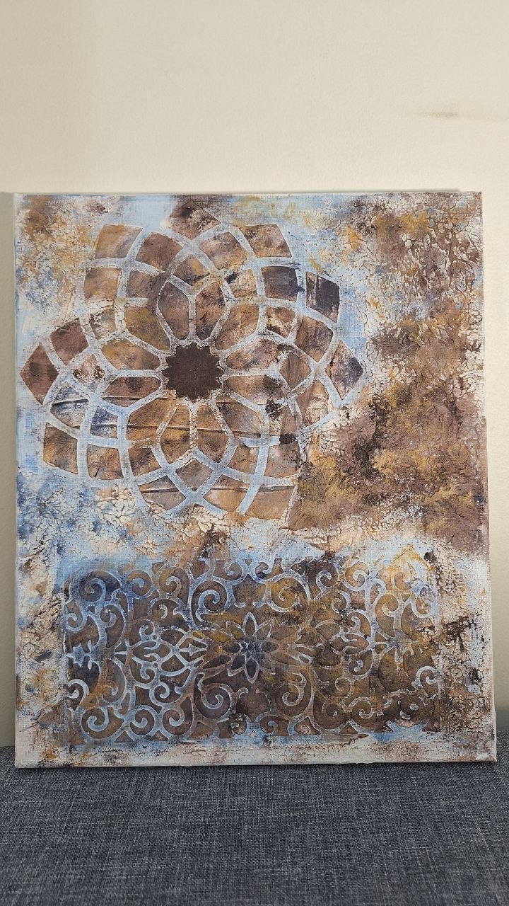 Textured Zarin Art work in blue, bronze and warm earth tones with ornamental geometry